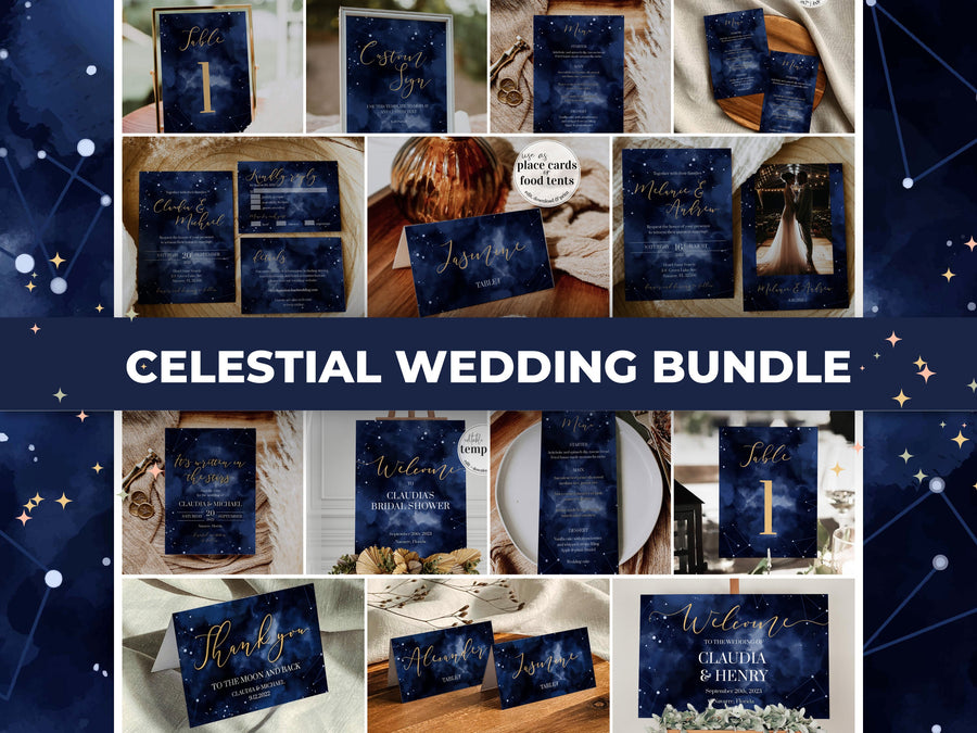 Celestial Wedding Invitation Bundle, Zodiac Sun Moon and Stars Printable Templates 066CE-WEBUNDLE - marryful.org