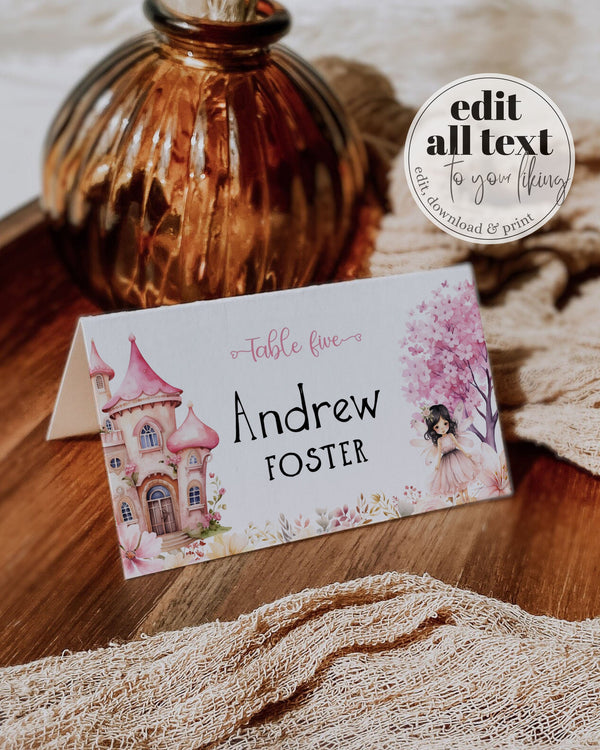 Pink Fairy Place Cards Template, Baby Shower or Birthday Table Settings 023FA-PLCA - marryful.org