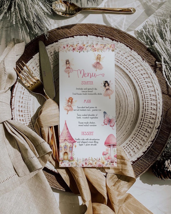 Pink Fairy Menu Cards Template, Baby Shower or Birthday Enchanted Theme 023FA-MENU - marryful.org