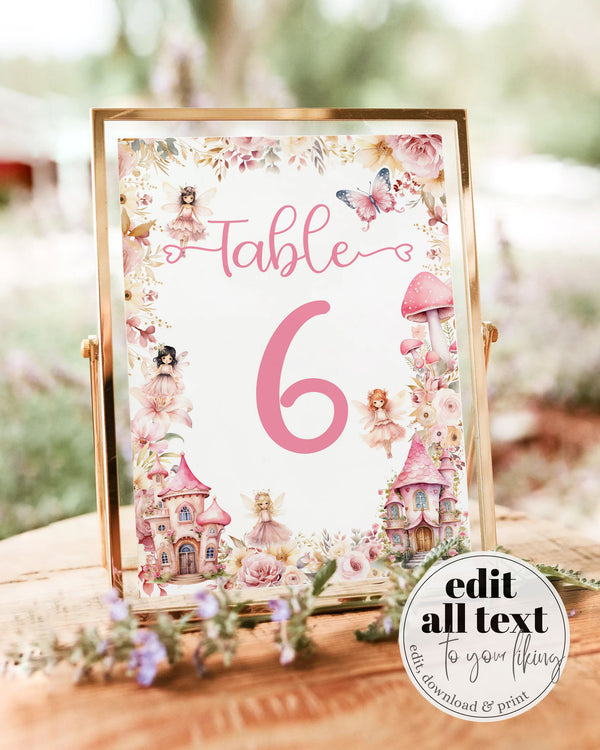 Pink Fairy Table Numbers Template, Editable Baby Shower or Birthday Party Decor 023FA-TANR - marryful.org