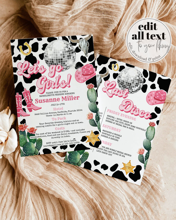 Editable Space Cowgirl Invite Unique Bachelorette Weekend Itinerary Template Disco Cowgirl Party Invite Last Rodeo Bach Last Hoe Down #022 - TheLovebirdsDesign