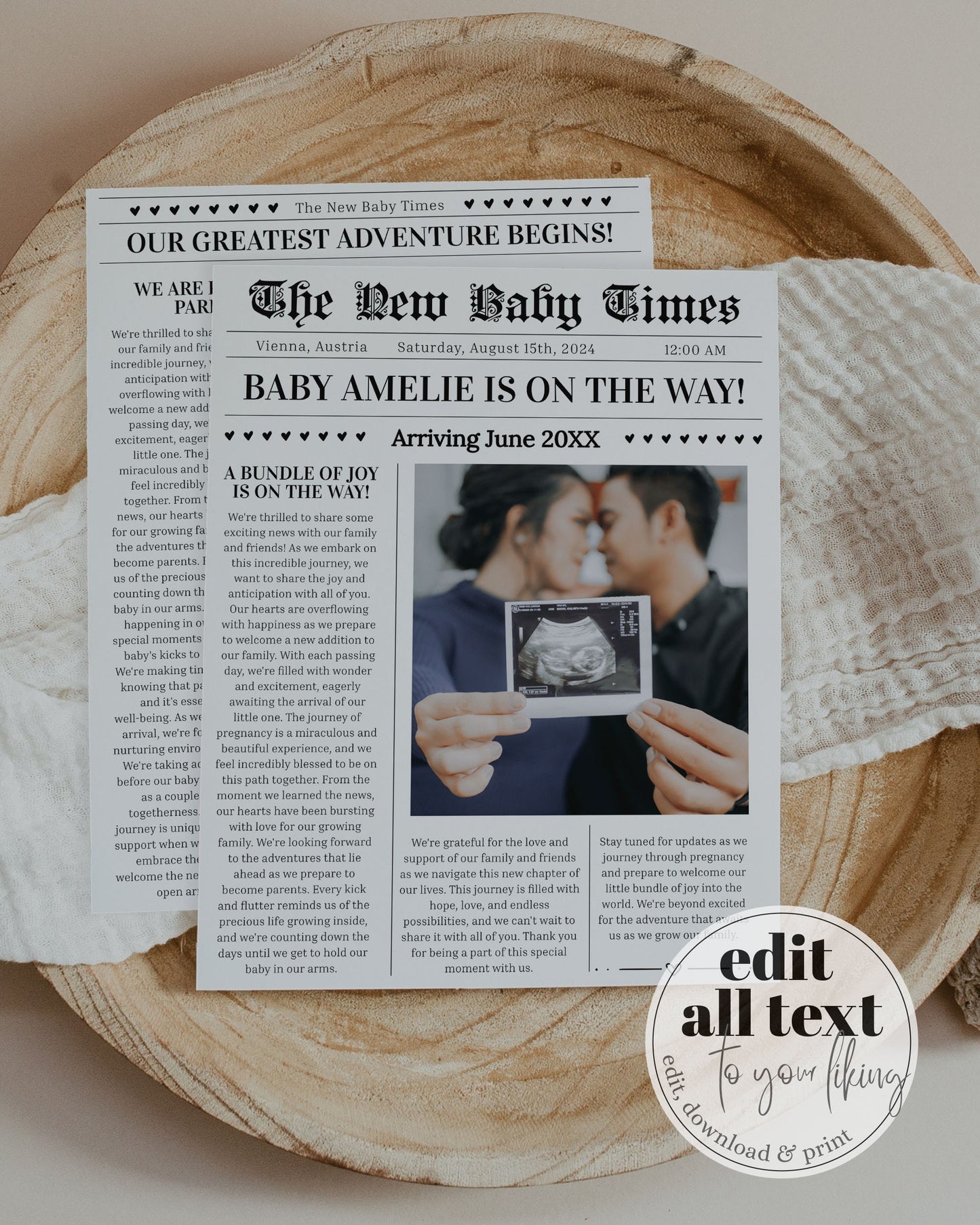 Custom Newspaper Template Pregnancy Announcement, Newspaper Baby Shower, Pregnancy Times or Baby Times, Neutral Personal Baby News #022 - TheLovebirdsDesign