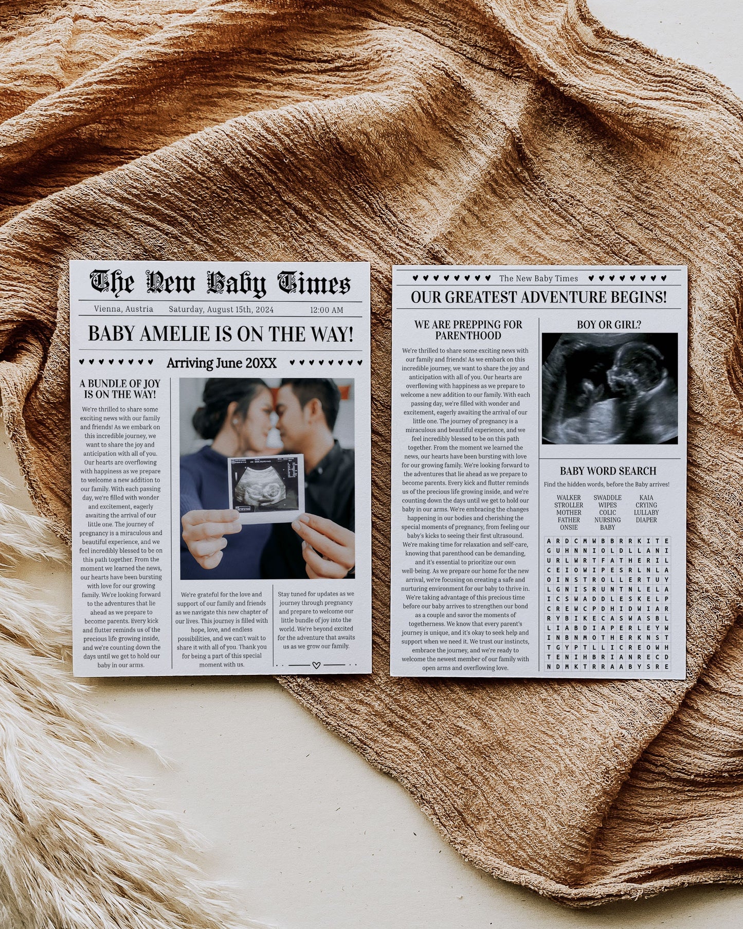 Custom Newspaper Template Pregnancy Announcement, Newspaper Baby Shower, Pregnancy Times or Baby Times, Neutral Personal Baby News #022 - TheLovebirdsDesign