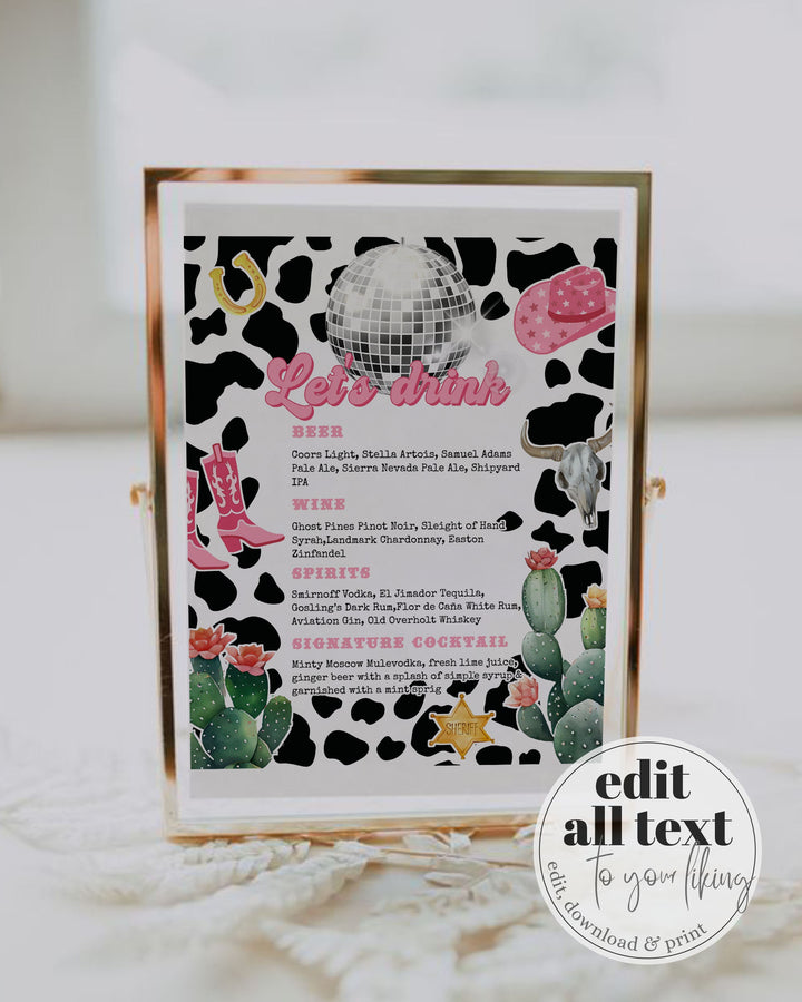 Bar Drink Menu Template for Disco Cowgirl Bachelorette Party | Let's Drink Custom Cocktail Bar Menu Template for Space Cowgirl Birthday #022 - TheLovebirdsDesign