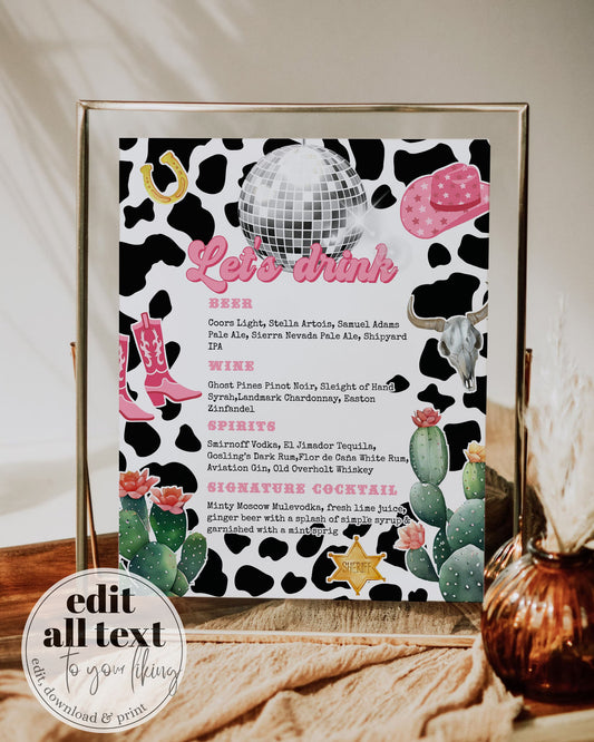 Bar Drink Menu Template for Disco Cowgirl Bachelorette Party | Let's Drink Custom Cocktail Bar Menu Template for Space Cowgirl Birthday #022 - TheLovebirdsDesign