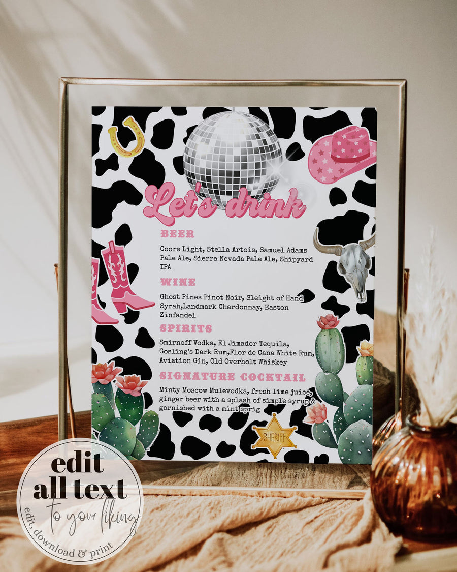 Disco Cowgirl Bar Menu Template, Space Cowgirl Cocktail Sign Printable 022PIDC-BAME - marryful.org