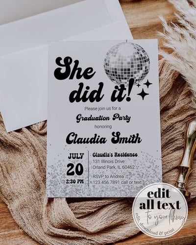 Editable Disco Graduation Party Invitation for Retro Grad | Groovy 70s Disco Graduation Party | Class of 2024 evite | Instant Download #065d - TheLovebirdsDesign