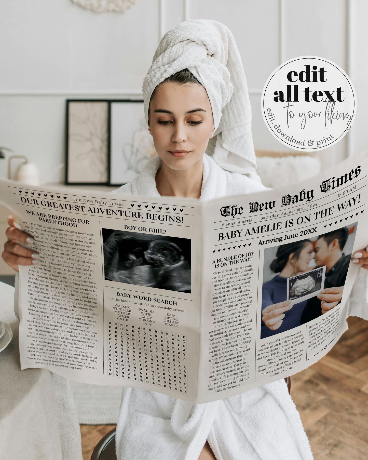 Editable Pregnancy Announcement Newspaper Template, Baby Shower Newspaper, Pregnancy Times, Gender Neutral Baby Times, Custom Baby News #022 - TheLovebirdsDesign