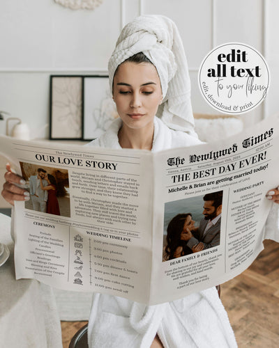 Wedding Newspaper Program Template, Minimalist Ceremony Itinerary Love Story Timeline Printable Editable Folded 065B-WENP - marryful.org