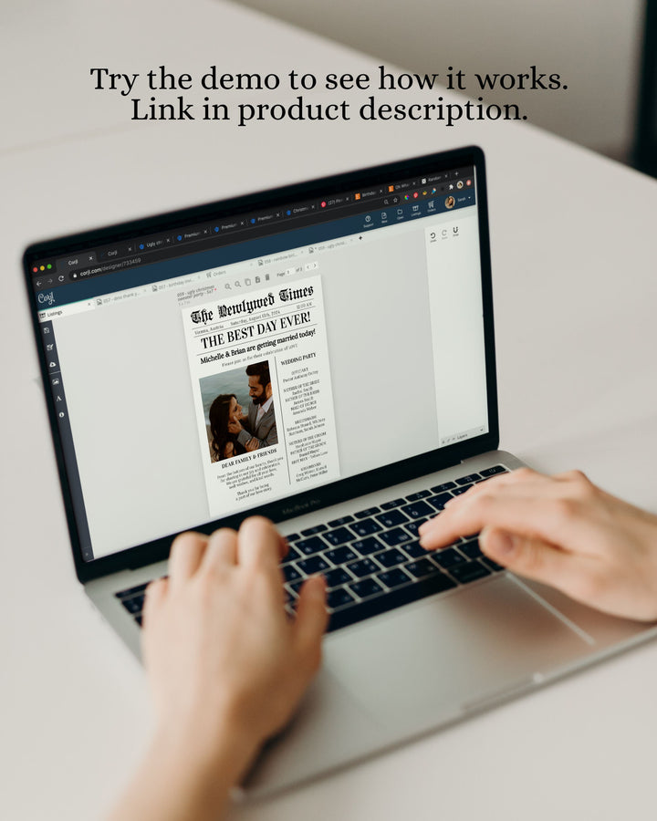Newspaper Wedding Program with crossword, timeline, infographic and itinerary for simple modern Wedding - TheLovebirdsDesign