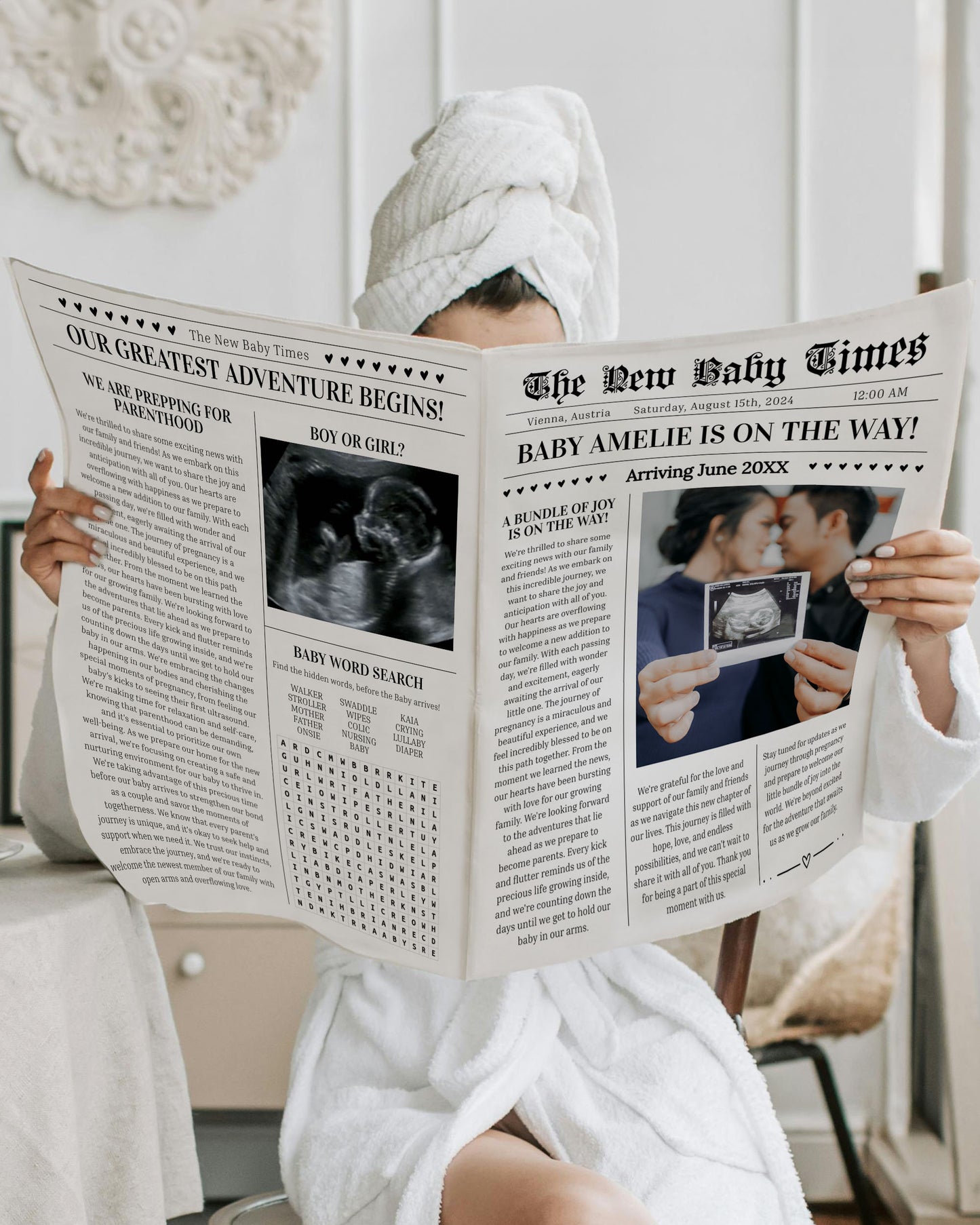 Custom Newspaper Template Pregnancy Announcement, Newspaper Baby Shower, Pregnancy Times or Baby Times, Neutral Personal Baby News #022 - TheLovebirdsDesign