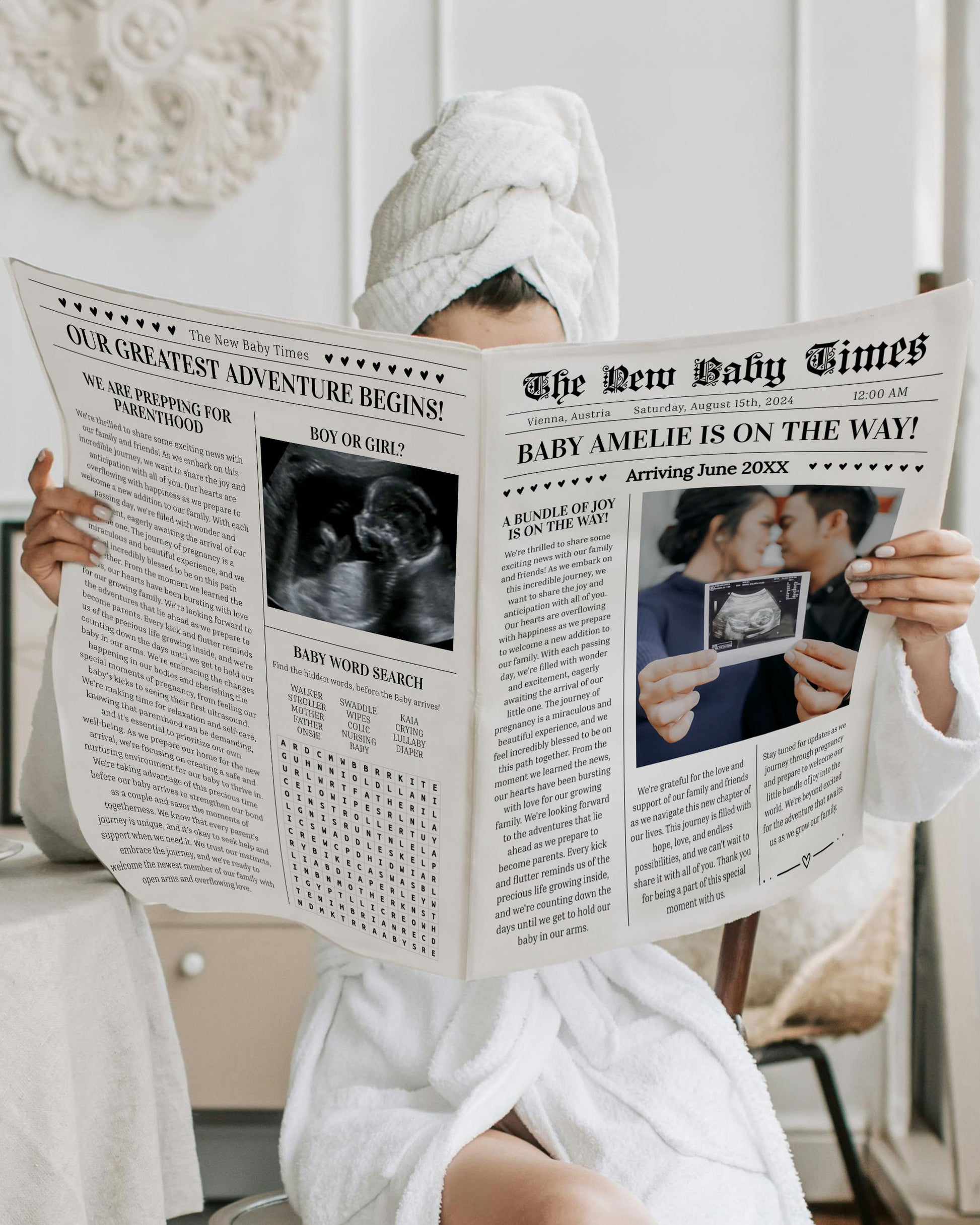 Custom Newspaper Template Pregnancy Announcement, Newspaper Baby Shower, Pregnancy Times or Baby Times, Neutral Personal Baby News #022 - TheLovebirdsDesign