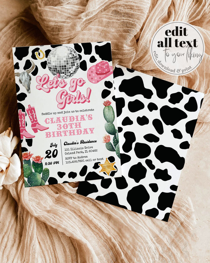 Editable Pink Cowgirl Birthday Invitation Adults | Space Disco Cowgirl Party Invite | Yee Haw 30th Birthday | Instant Download Template #022 - TheLovebirdsDesign