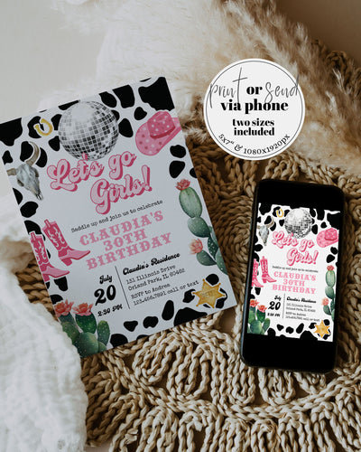 Pink Cowgirl Birthday Invitation, Space Disco Adult Yeehaw Party Printable Template 022PIDC-BINV - marryful.org