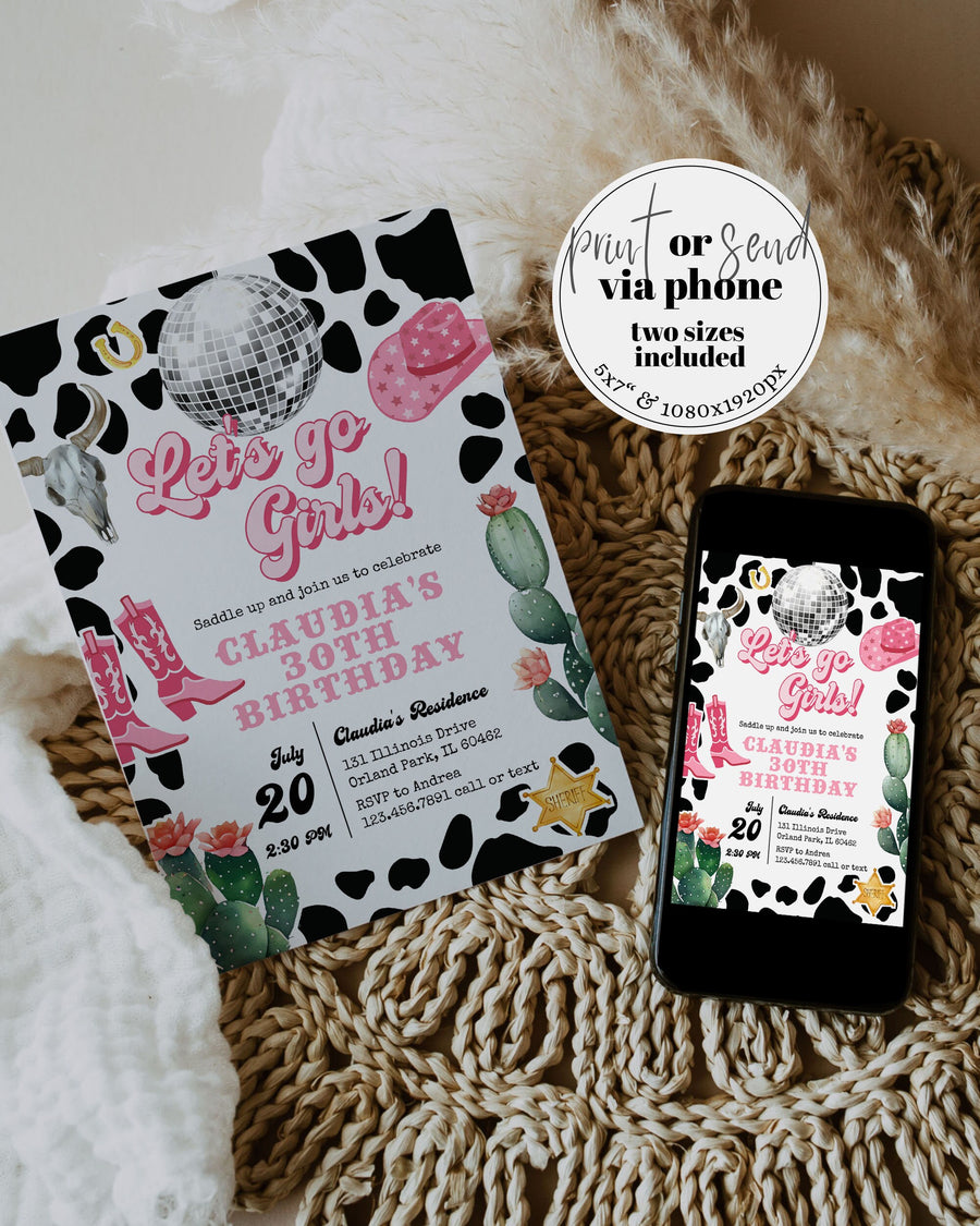 Pink Cowgirl Birthday Invitation, Space Disco Adult Yeehaw Party Printable Template 022PIDC-BINV - marryful.org