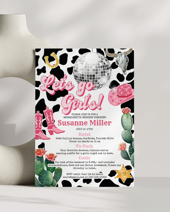 Editable Space Cowgirl Invite Unique Bachelorette Weekend Itinerary Template Disco Cowgirl Party Invite Last Rodeo Bach Last Hoe Down #022 - TheLovebirdsDesign