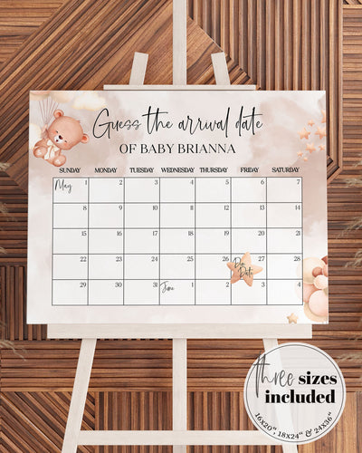 Neutral Bear Balloons Guess Due Date Calendar Game Sign, Guess the Arrival of Baby Teddy Bear and Stars Baby Shower Decorations #023 - marryful.org