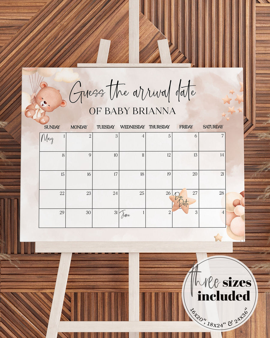 Neutral Bear Balloons Guess Due Date Calendar Game Sign, Guess the Arrival of Baby Teddy Bear and Stars Baby Shower Decorations #023 - marryful.org