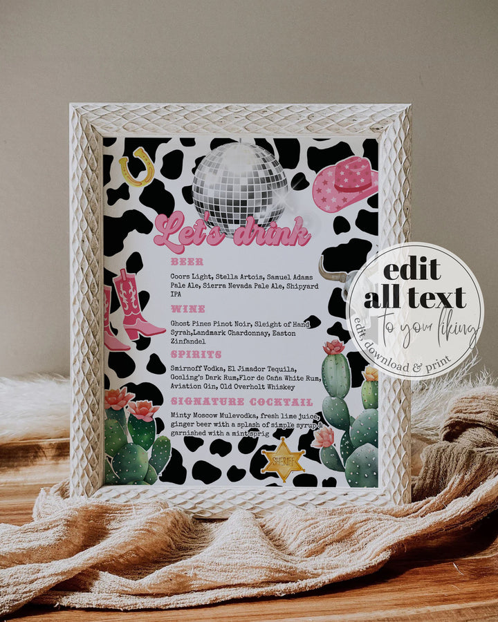 Bar Drink Menu Template for Disco Cowgirl Bachelorette Party | Let's Drink Custom Cocktail Bar Menu Template for Space Cowgirl Birthday #022 - TheLovebirdsDesign