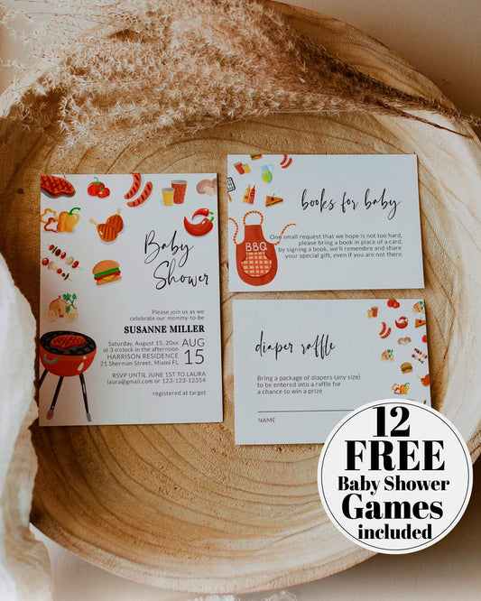 BBQ Baby Shower Invitation Template to Download and Print, Barbeque Shower Invite with Diaper Raffle & Books for Baby #072a - TheLovebirdsDesign