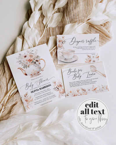 Tea Party Baby Shower Invitation Cottagecore Par Tea Couples Printable Garden Vintage Editable 029WT-BSINV - marryful.org
