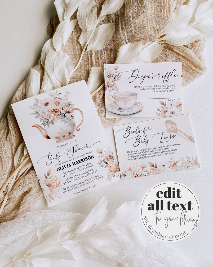 Tea Party Baby Shower Invitation Cottagecore Par Tea Couples Printable Garden Vintage Editable 029WT-BSINV - marryful.org