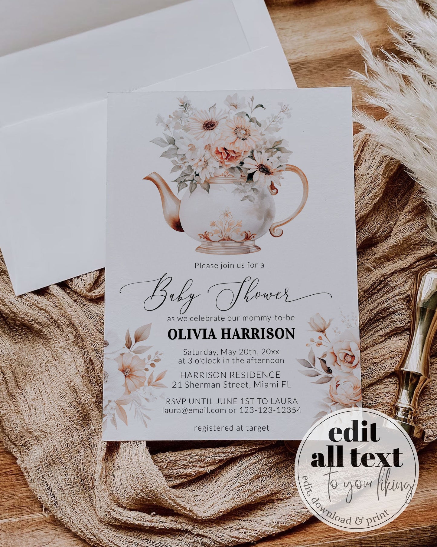 Downloadable Tea Party Invitation for a Cottagecore Baby Shower, Let's Par-Tea Couples Shower Teaparty Decorations, Printable Template #073 - TheLovebirdsDesign