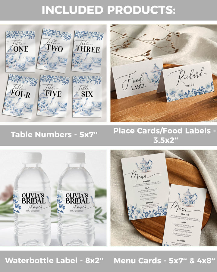 Blue Toile Bridal Shower Invitation, Bridal Tea Party Bundle, Dusty Blue Bridal Brunch Decorations, Garden Tea Party Printable Template #073 - TheLovebirdsDesign