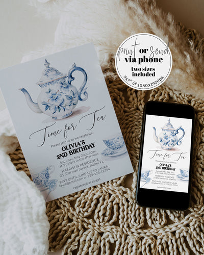 Blue Toile Teaparty Birthday Invitation, Cottagecore Garden Party Birthday Invite, Royal High Tea Download Best-Tea Birthday Printable #073 - TheLovebirdsDesign