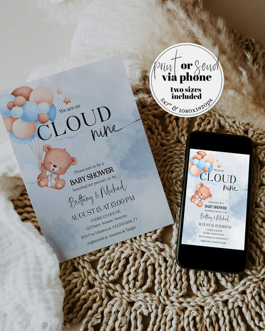 Babyshower Invitation We Can Bearly Wait Bear Balloon Cloud Baby Shower Invite Boho Teddy Bear Baby Shower Invitation Printable Template#023 - TheLovebirdsDesign