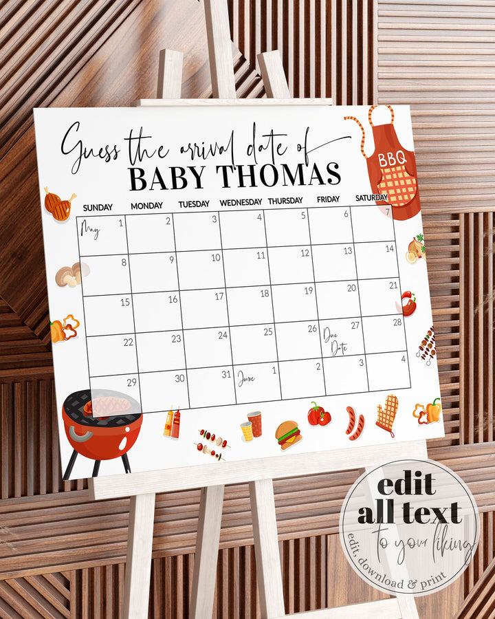 Editable Baby Shower Due Date Calendar Game Sign BBQ Babyshower Gardening Party Gender Reveal Game Arrival Sign Printable Template #072a - TheLovebirdsDesign