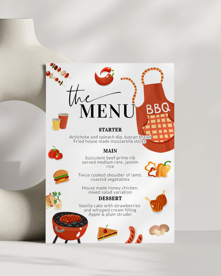 Editable BBQ Babyshower Menu Card Garden Party Food Drinks Menu with BBQ Grill Set for BabyQ Printable Template #072a - marryful.org