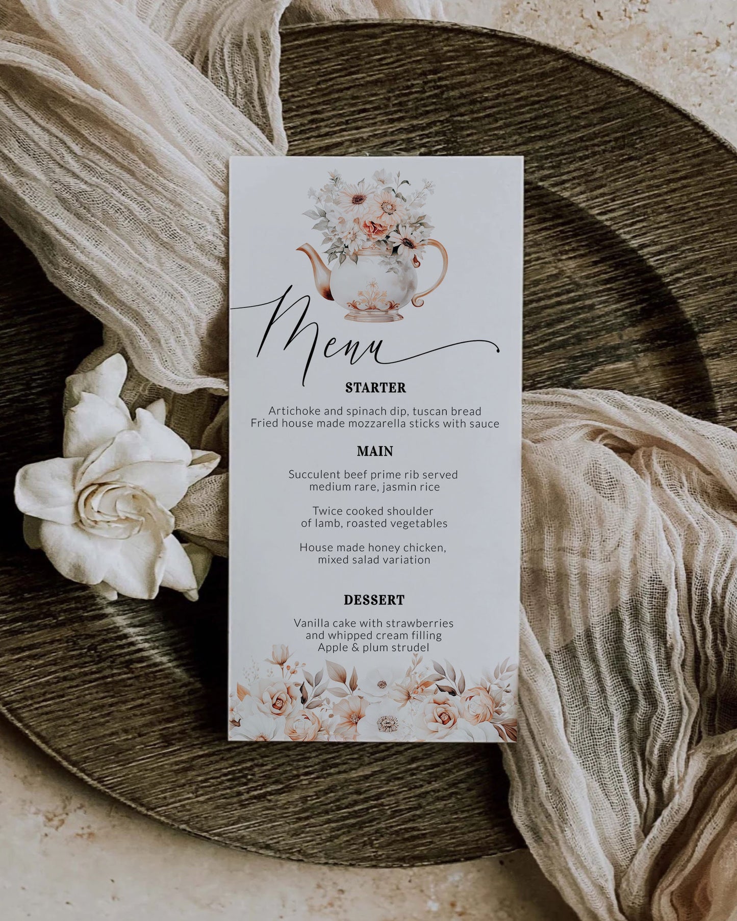 Bridgertone Themed Teaparty Menu Cards, Bridal Teaparty Decorations, Floral Regency Core Bridal Brunch or Picknick Menu Template #073 - TheLovebirdsDesign