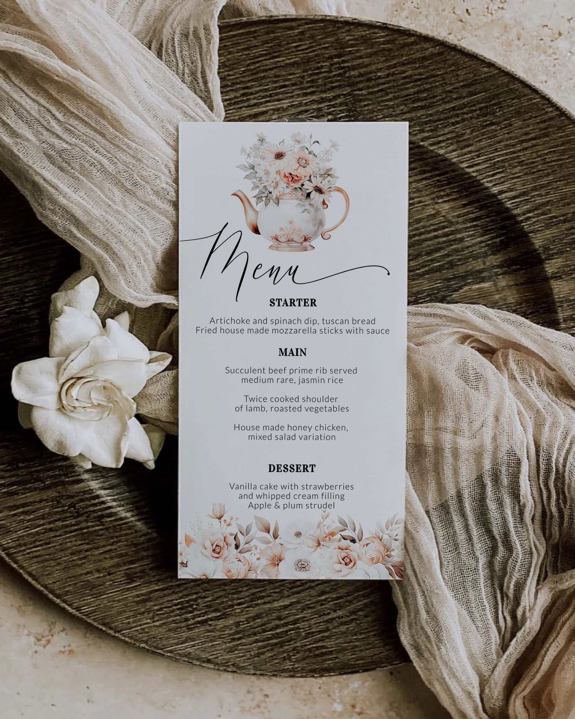 Bridgertone Themed Teaparty Menu Cards, Bridal Teaparty Decorations, Floral Regency Core Bridal Brunch or Picknick Menu Template #073 - TheLovebirdsDesign