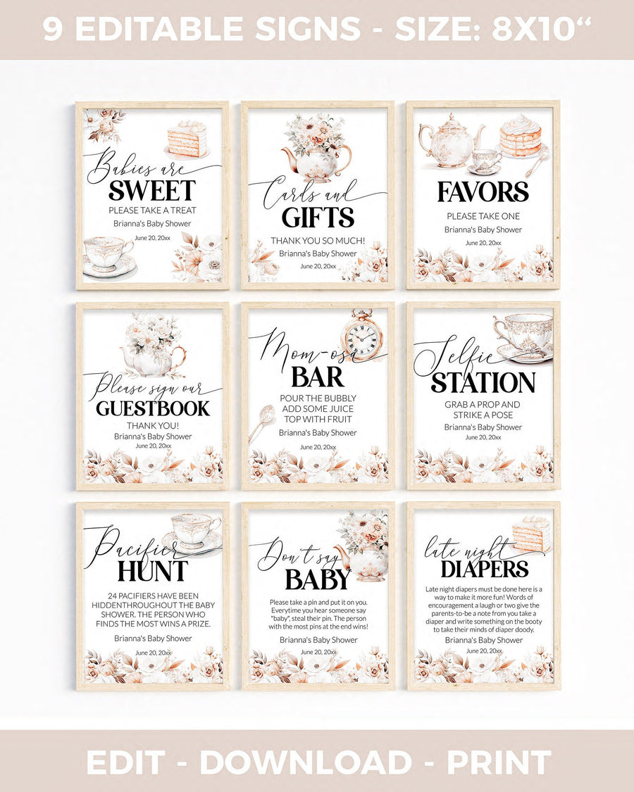 Cottagecore Tea Party Baby Shower Signs Bundle, Digital Download 029WT-SIBUNDLE - marryful.org