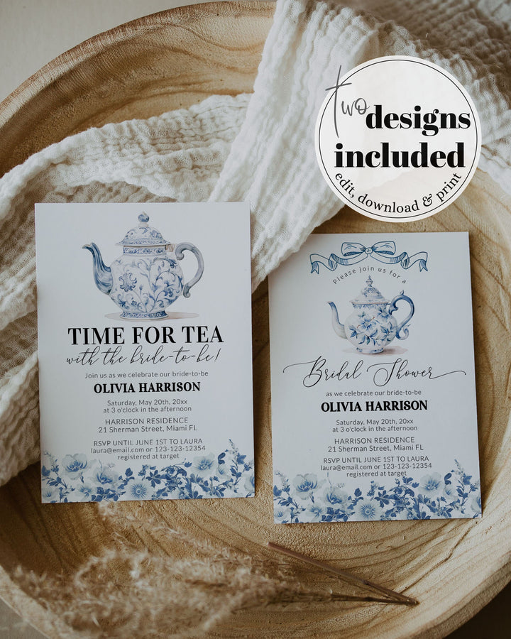 Blue Toile Bridal Shower Invitation, Bridal Tea Party Bundle, Dusty Blue Bridal Brunch Decorations, Garden Tea Party Printable Template #073 - TheLovebirdsDesign