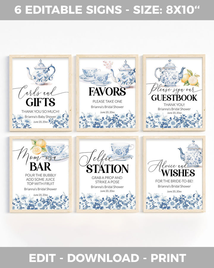Blue Toile Bridal Shower Invitation, Bridal Tea Party Bundle, Dusty Blue Bridal Brunch Decorations, Garden Tea Party Printable Template #073 - TheLovebirdsDesign