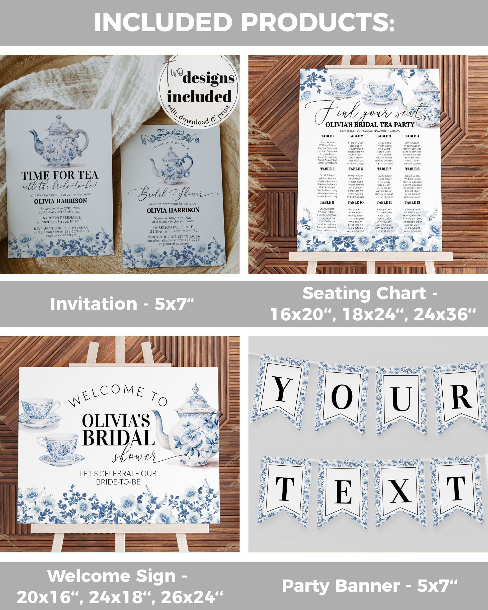 Blue Toile Bridal Shower Invitation, Bridal Tea Party Bundle, Dusty Blue Bridal Brunch Decorations, Garden Tea Party Printable Template #073 - TheLovebirdsDesign