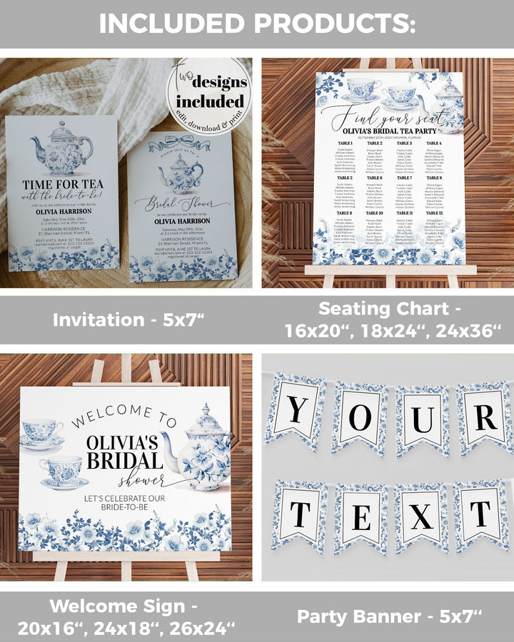 Blue Toile Bridal Shower Invitation, Bridal Tea Party Bundle, Dusty Blue Bridal Brunch Decorations, Garden Tea Party Printable Template #073 - TheLovebirdsDesign
