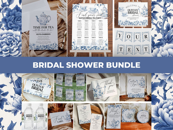 Blue Toile Bridal Shower Invitation, Bridal Tea Party Bundle, Dusty Blue Bridal Brunch Decorations, Garden Tea Party Printable Template #073 - TheLovebirdsDesign