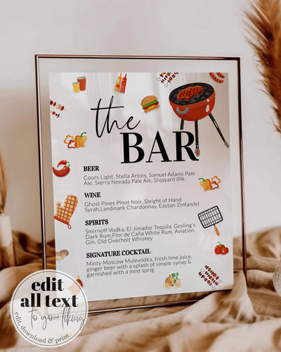 Editable BBQ Drink Menu Sign Garden Grill Party Food Menu Template with Barbecue Grill Set for Summer Party, Printable Template #072a - TheLovebirdsDesign