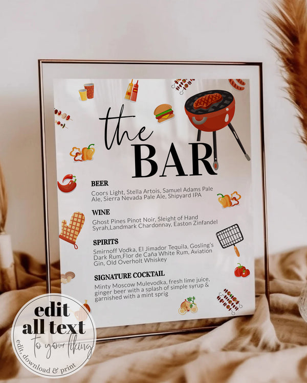 Editable BBQ Drink Menu Sign Garden Grill Party Food Menu Template with Barbecue Grill Set for Summer Party, Printable Template #072a - TheLovebirdsDesign