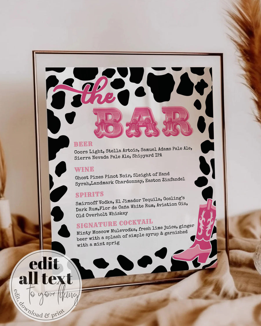 Disco Cowgirl Drink Menu Food Menu Nashville Bachelorette Dolly Party Bar Template 022PIDC-BAME - marryful.org