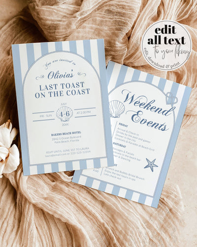 Coastal Bachelorette Invitation and Itinerary Template, Last Toast on the Coast, Coastal Grandma Beach Bridal Shower Printable Template #072 - TheLovebirdsDesign