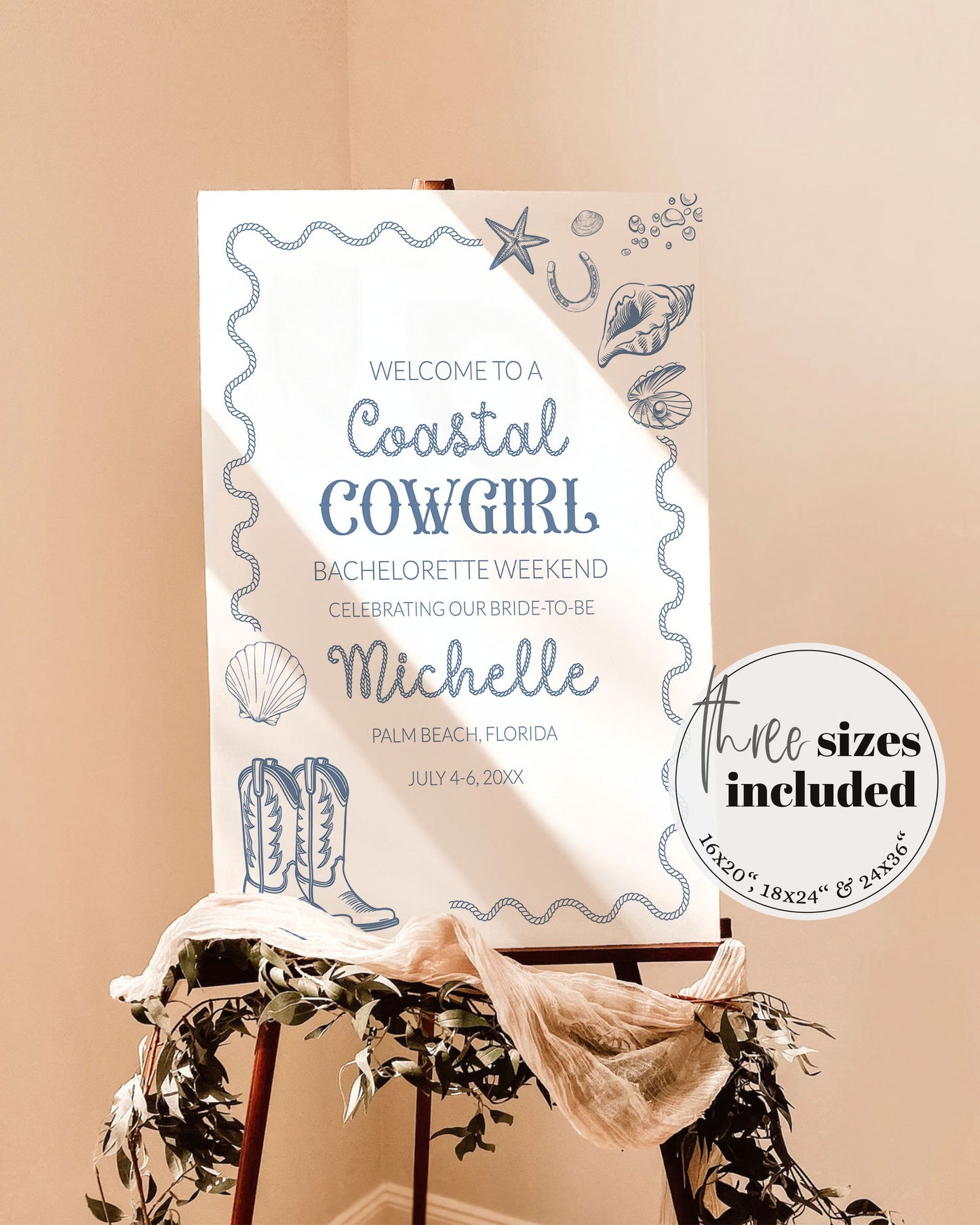 Coastal Cowgirl Nautical Bachelorette Welcome Sign, Girls Weekend Trip Decorations, Coastal Grandma Beach Bridal Shower Printable #072 - TheLovebirdsDesign