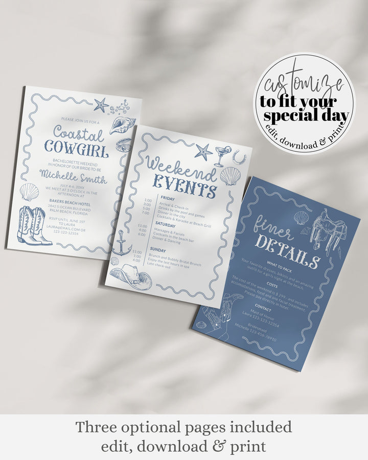 Beach Bachelorette Weekend Itinerary, Coastal Cowgirl Weekend Invitation, Last Toast on the Coast Girls Weekend Trip Printable Template #072 - TheLovebirdsDesign