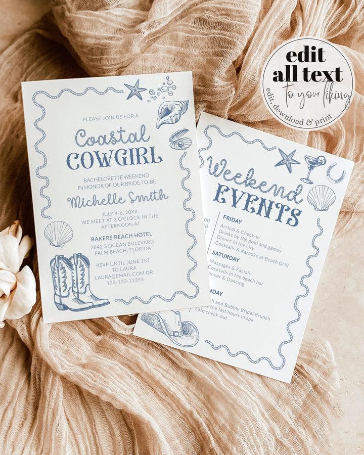 Beach Bachelorette Weekend Itinerary, Coastal Cowgirl Weekend Invitation, Last Toast on the Coast Girls Weekend Trip Printable Template #072 - TheLovebirdsDesign