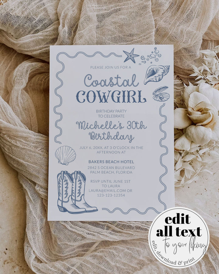 Coastal Cowgirl Birthday Invitation for Toast on Coast in Hampton or Miami, Adult Woman Beach Birthday Invitation Printable Template #072 - TheLovebirdsDesign