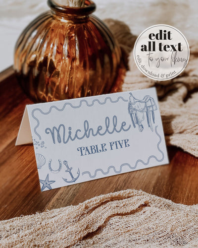 Coastal Cowgirl Place Cards Template, Nautical Bachelorette Food Label, Last Toast on the Coast Shower Decorations Printable Template #072 - TheLovebirdsDesign