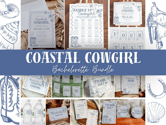 Coastal Cowgirl Blue Bachelorette Party Invitation Weekend Itinerary Signs Games & Decor Bundle, Last Toast on Coast Printable Template #072 - TheLovebirdsDesign